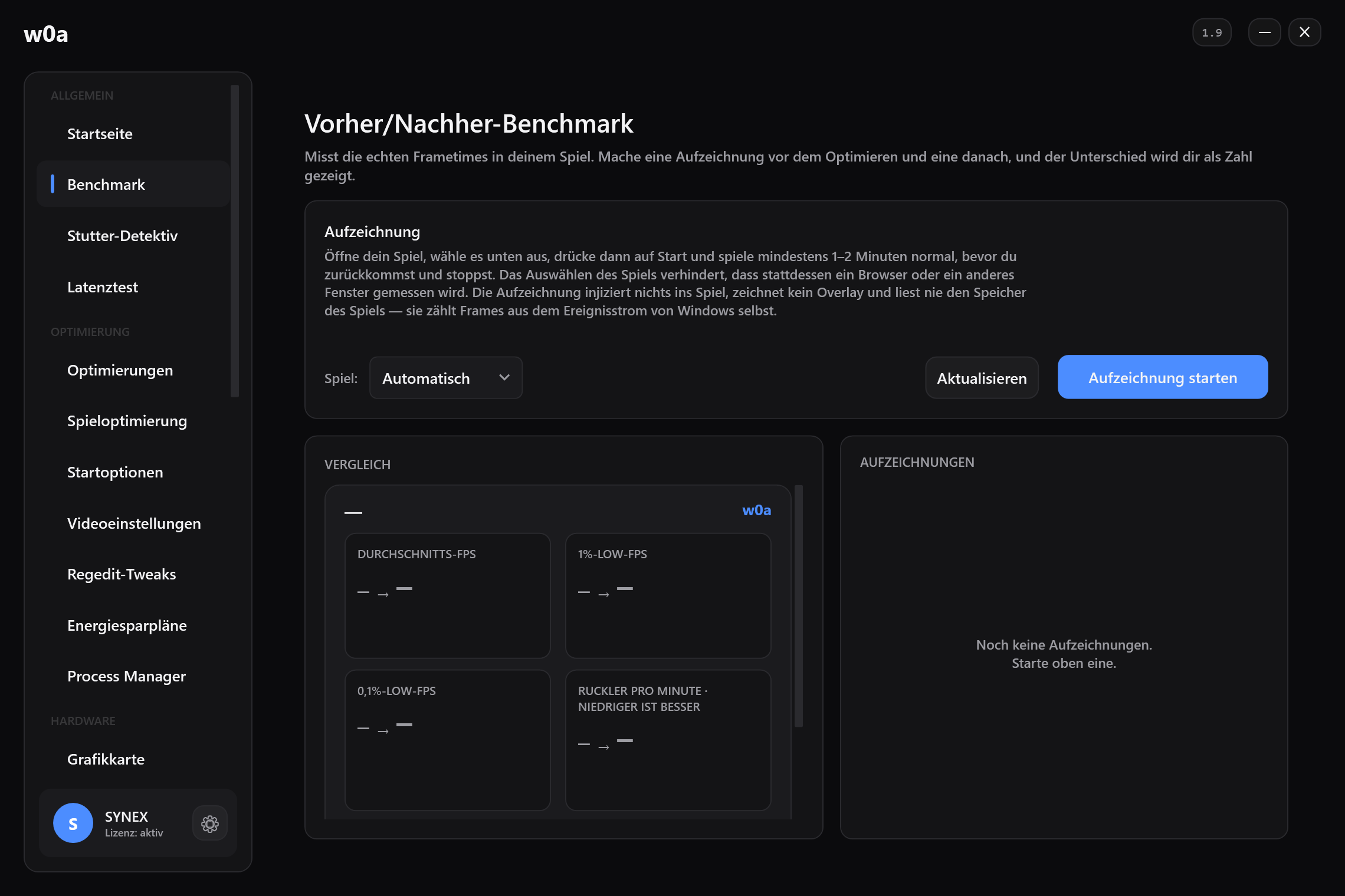 Die Seite Benchmark vor jeder Aufnahme: durchschnittliche FPS, 1% Low und Ruckler pro Minute, jeweils als Vorher/Nachher-Paar.