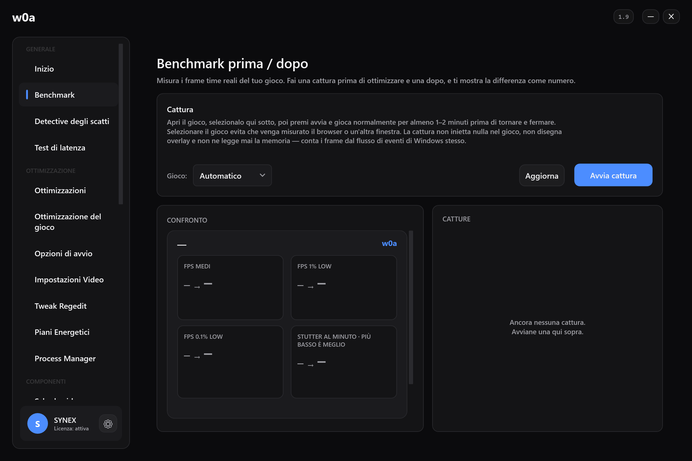 La pagina Benchmark prima di qualsiasi cattura: FPS medi, 1% low e stutter al minuto, ciascuno mostrato come coppia prima/dopo.