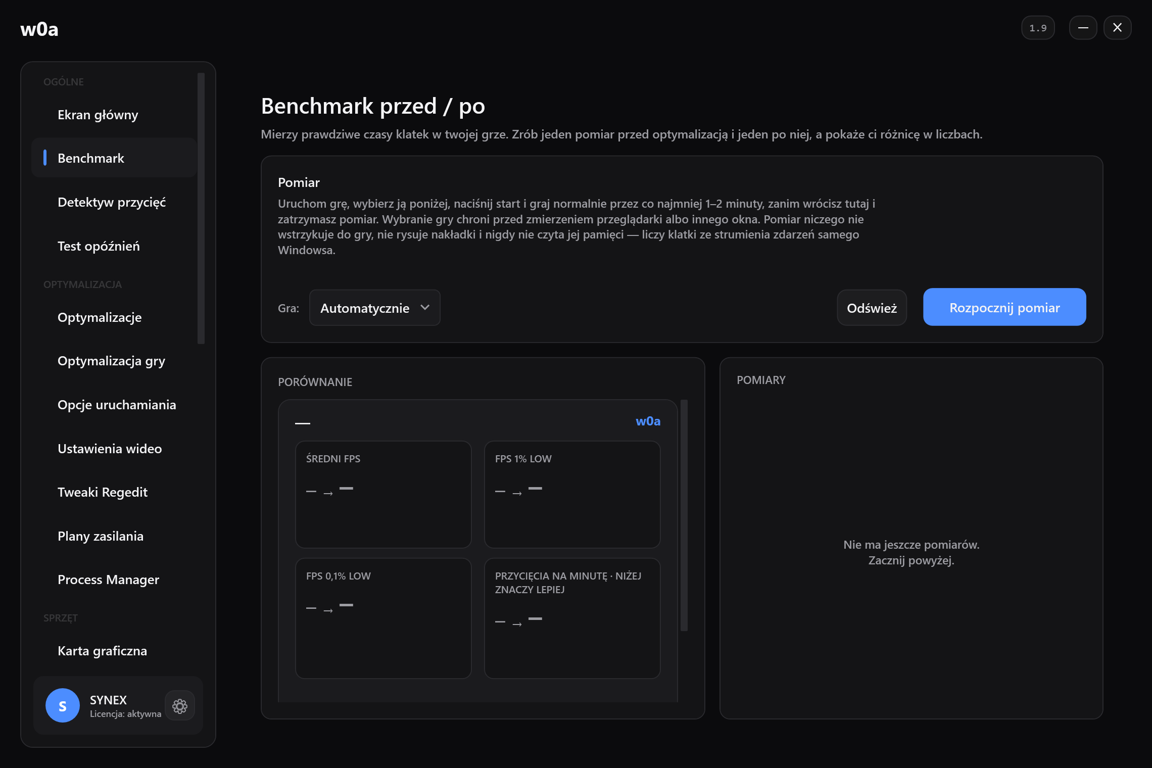 Strona Benchmark przed jakimkolwiek nagraniem: średni FPS, 1% low i przycięcia na minutę, każde pokazane jako para przed/po.
