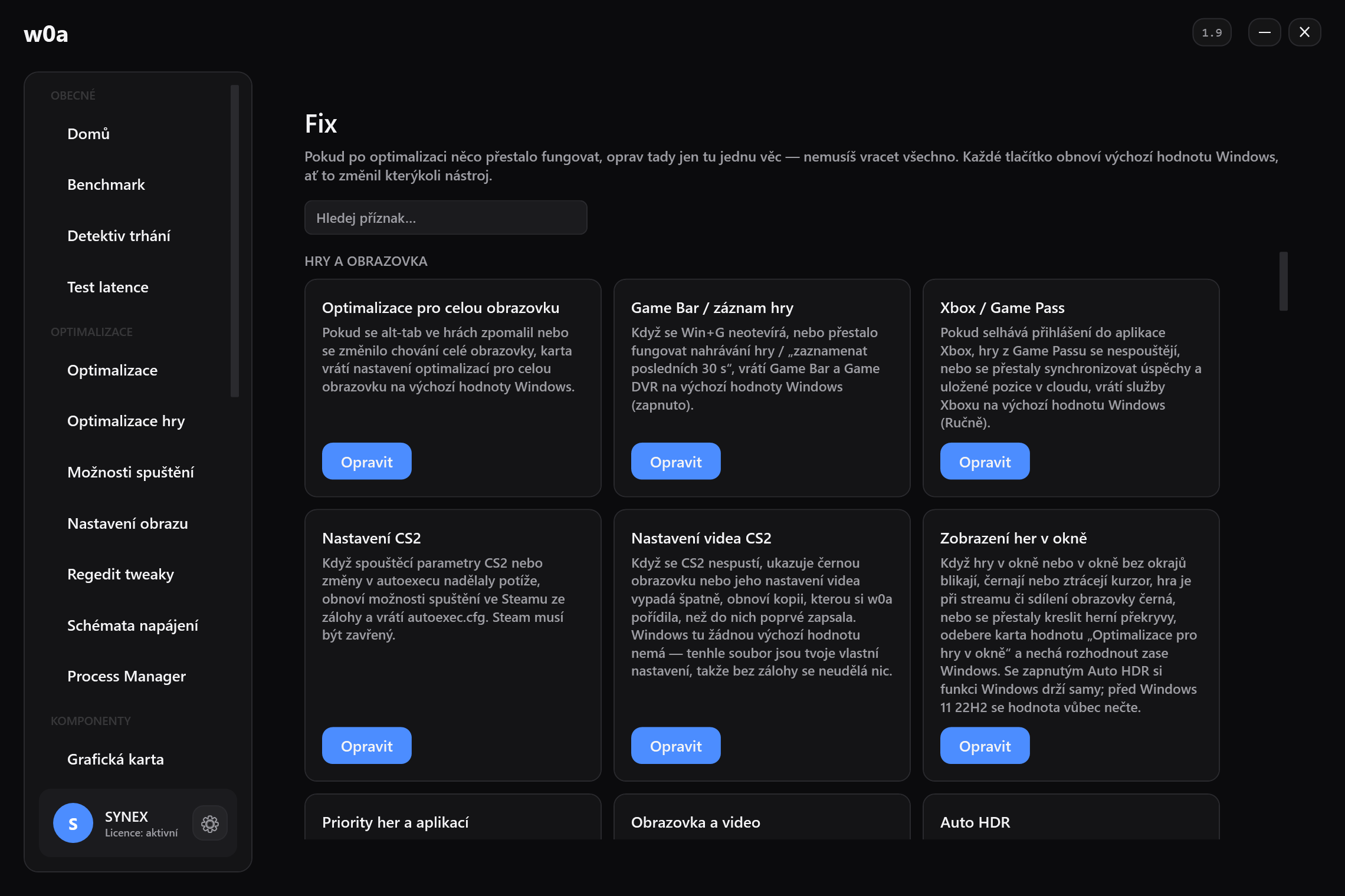 Stránka Fix: jedna opravná karta pro každou věc, kterou jde změnit; každá vrací výchozí nastavení Windows.