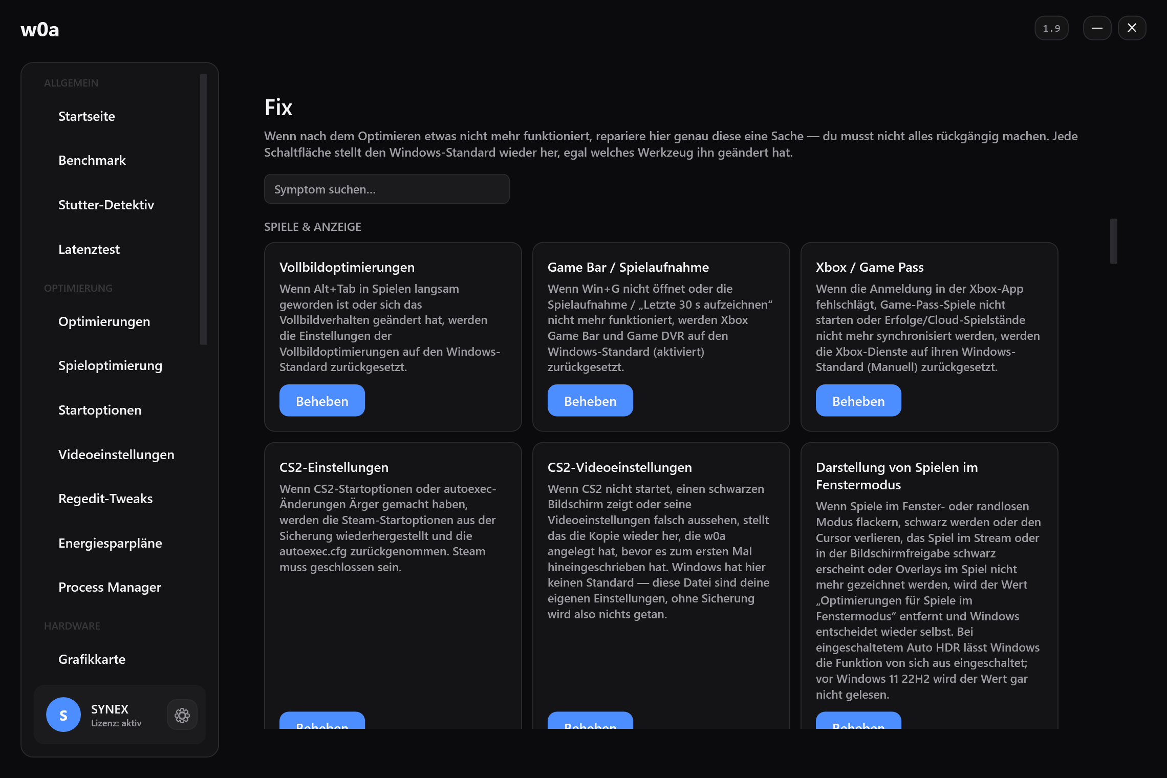 Die Seite Fix: eine Reparaturkarte pro Sache, die geändert werden kann, jede stellt den Windows-Standard wieder her.