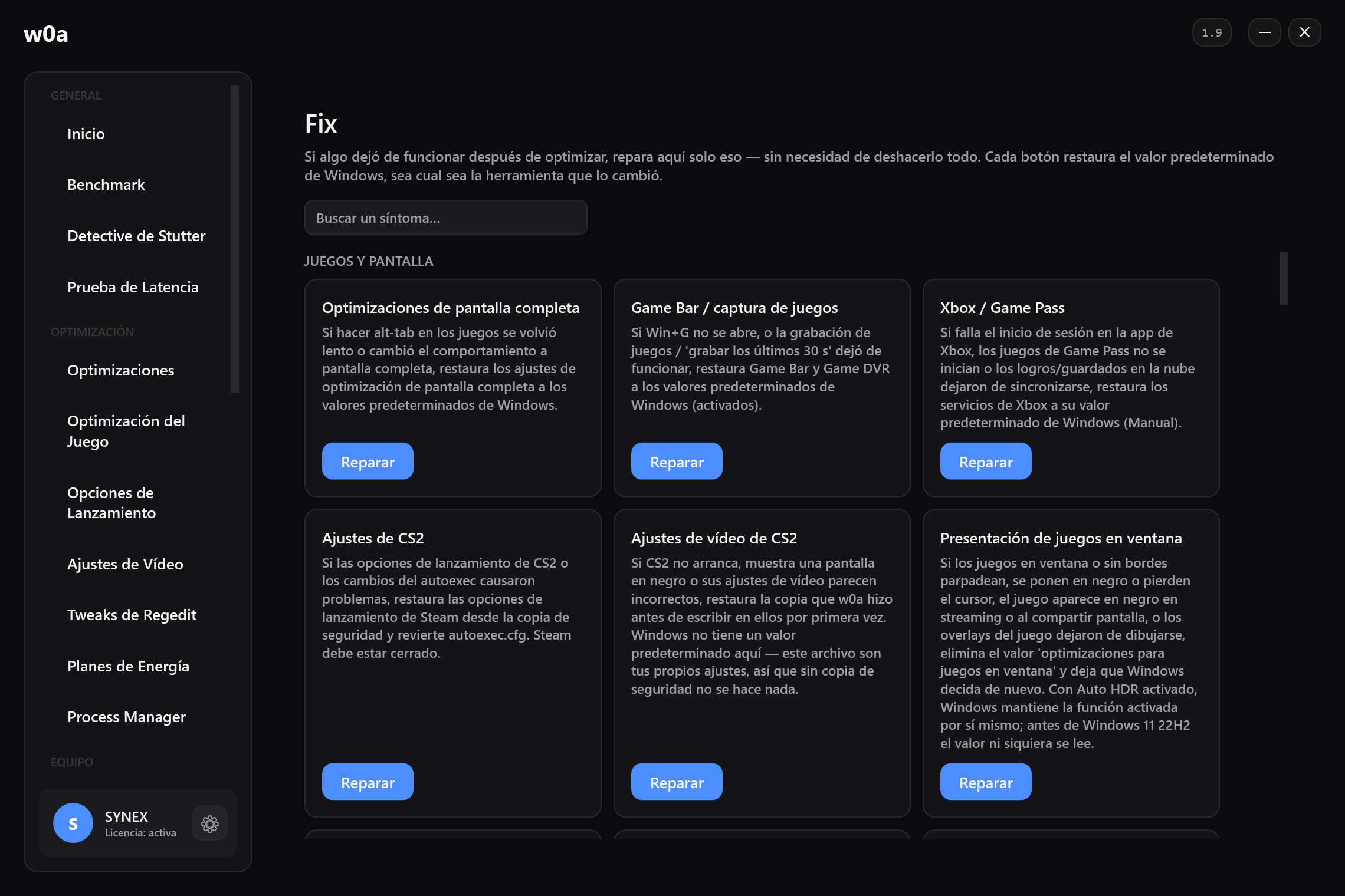 La página Fix: una tarjeta de reparación por cada cosa que se puede cambiar, cada una restaurando el valor predeterminado de Windows.