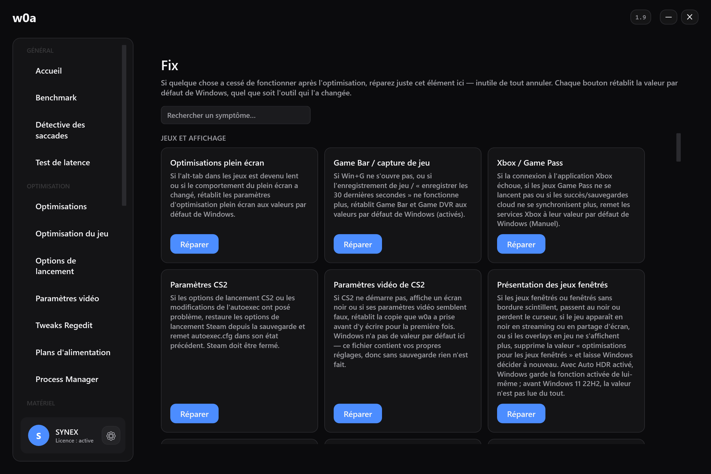 La page Fix : une carte de réparation par chose modifiable, chacune rétablissant la valeur par défaut de Windows.