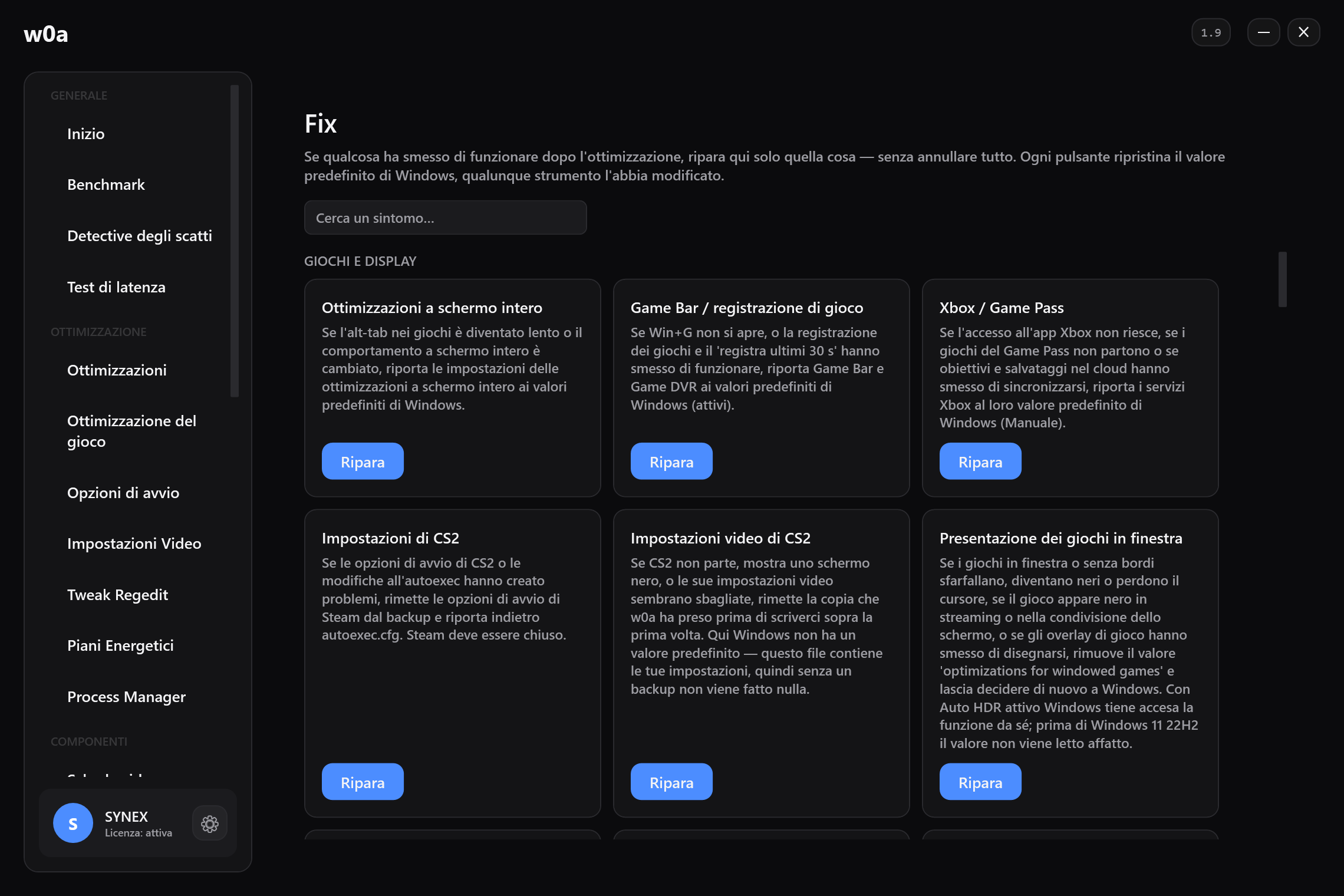 La pagina Fix: una scheda di riparazione per ogni cosa che può essere cambiata, ognuna ripristina il valore predefinito di Windows.