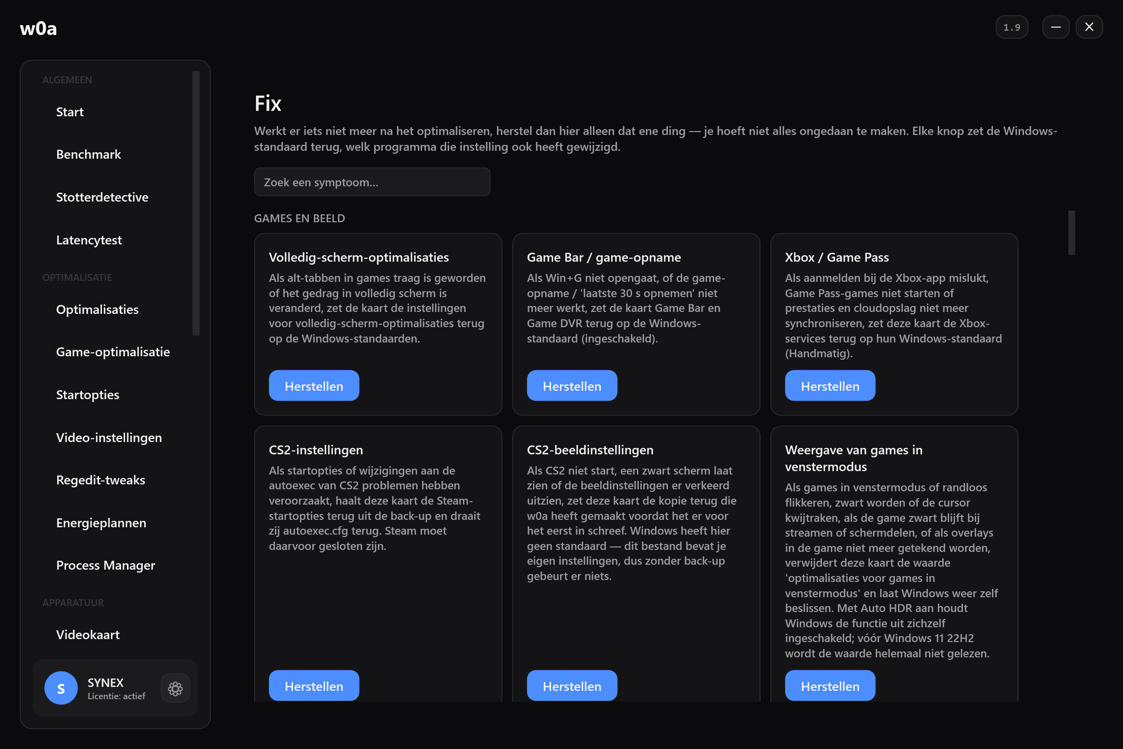 De pagina Fix: één reparatiekaart per ding dat gewijzigd kan worden, elk zet de Windows-standaard terug.