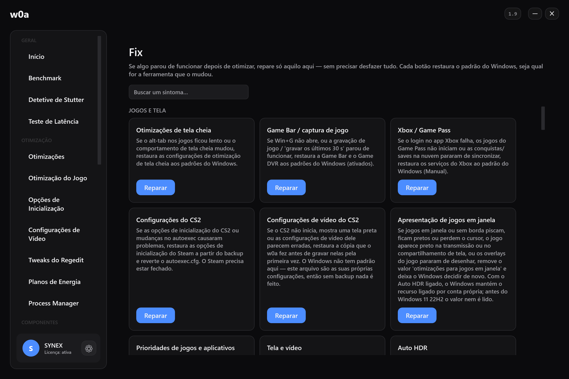 A página Fix: um cartão de reparo por coisa que pode ser alterada, cada um restaurando o padrão do Windows.