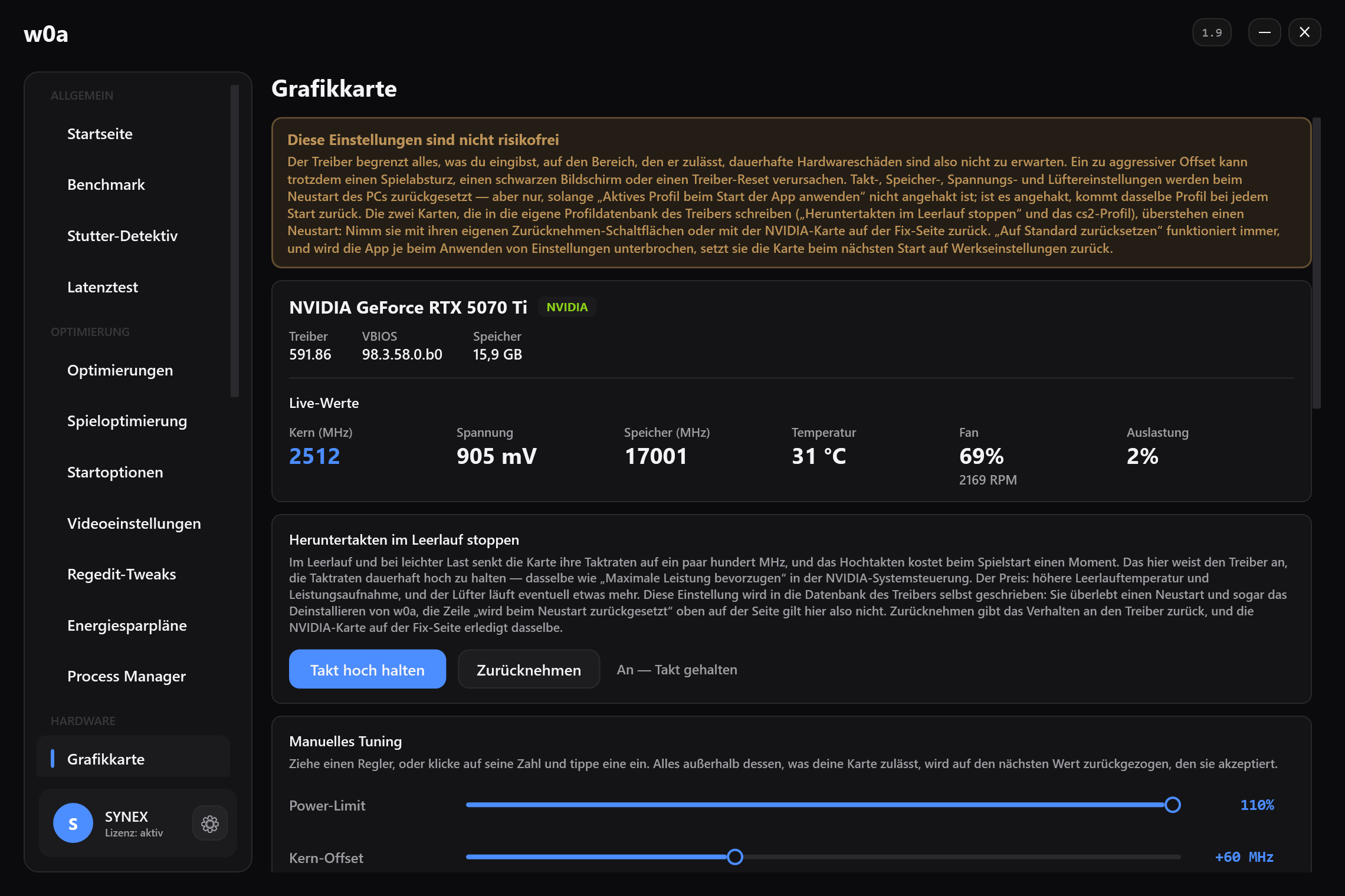 Die Seite Grafikkarte: Live-Takt, Spannung, Speichertakt, Temperatur, Lüfter und Auslastung, darunter Regler für Power-Limit und Takt-Offset.