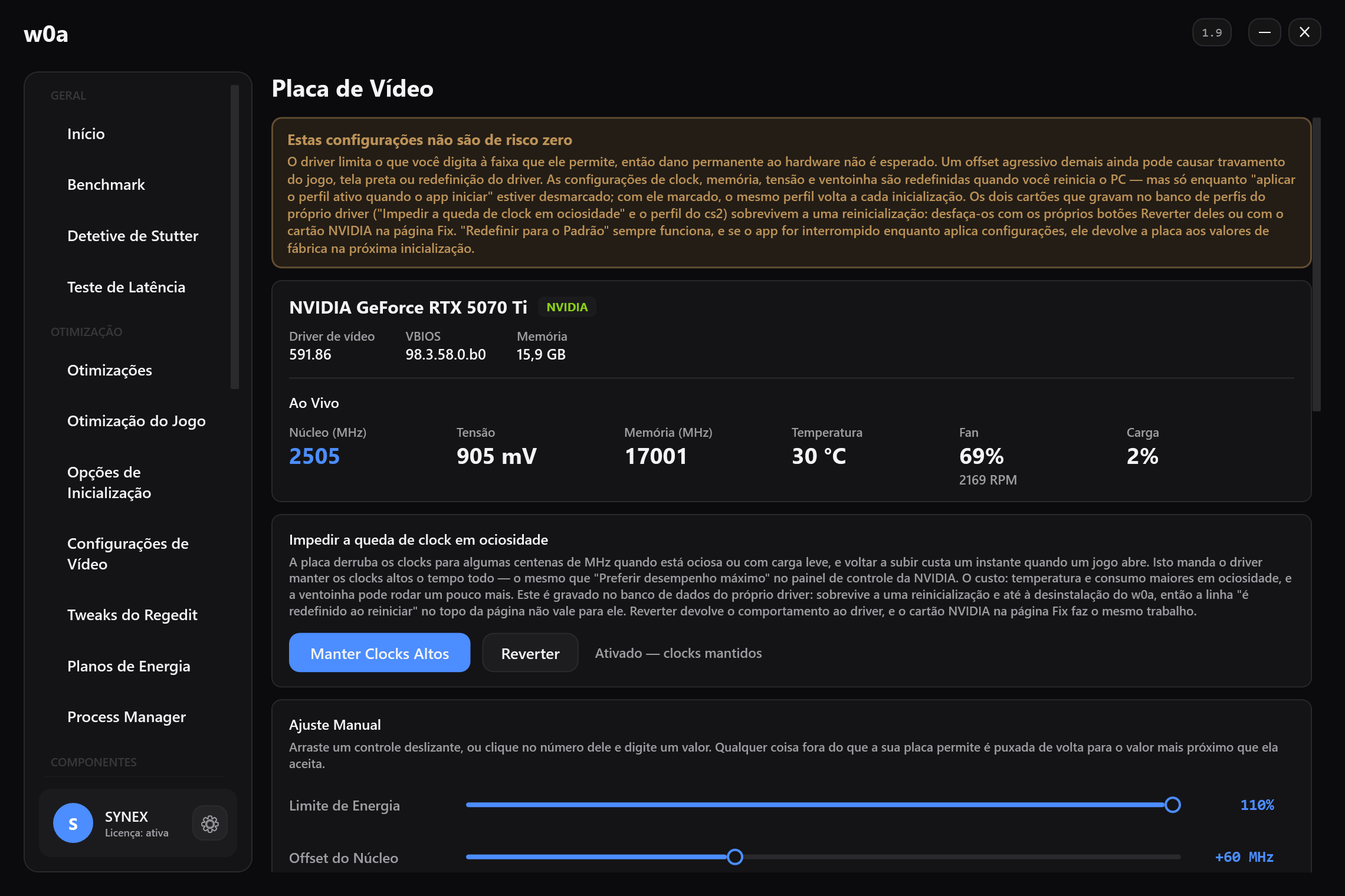 A página Placa de Vídeo: clock ao vivo, tensão, clock de memória, temperatura, ventoinha e carga, com controles de limite de energia e offset de clock abaixo.