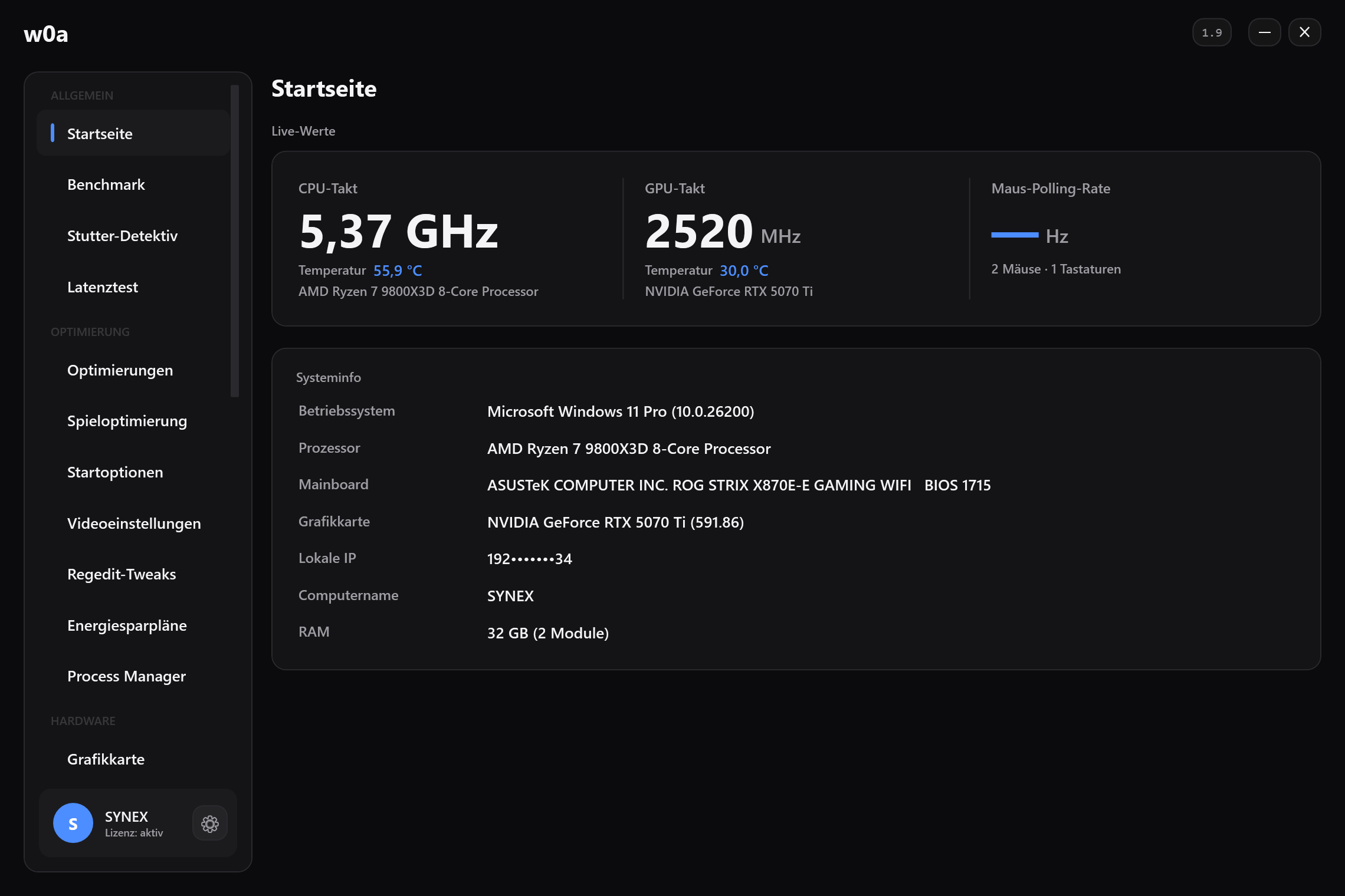 Die Startseite: Live-Takt und -Temperaturen für CPU und Grafikkarte, die aus echter Bewegung gemessene Polling-Rate der Maus und was in der Maschine steckt.