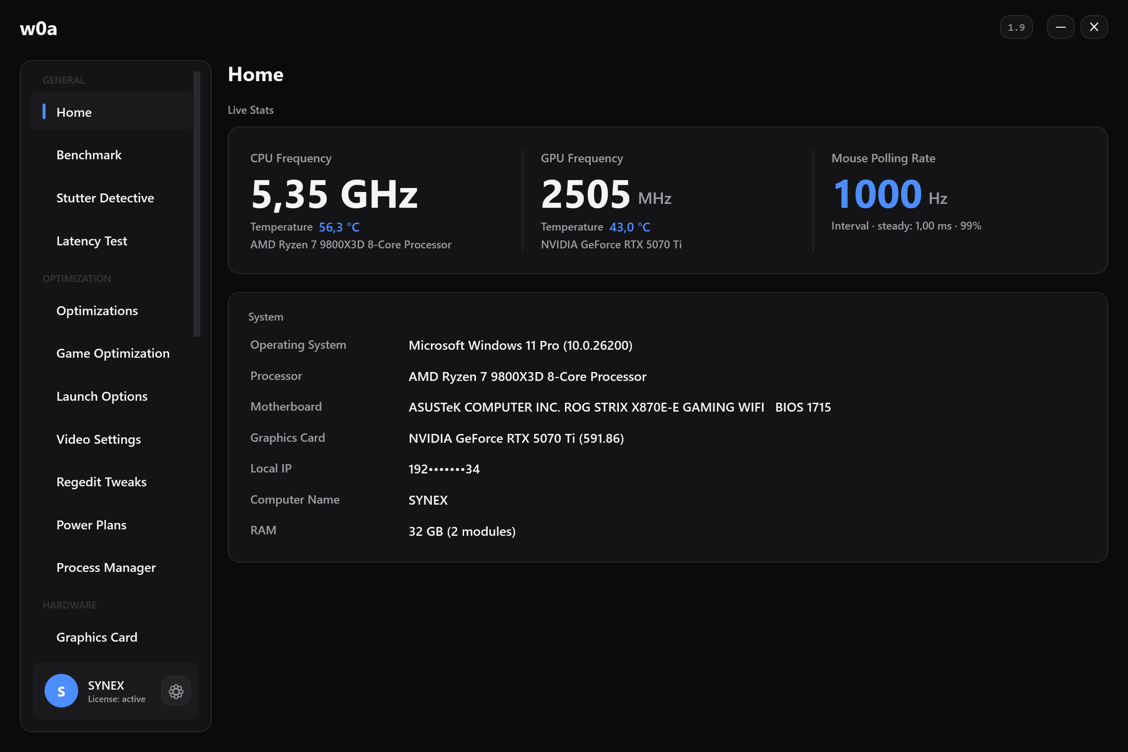 The Home page: live clocks and temperatures for CPU and GPU, the mouse polling rate as measured from real movement, and what the machine is.
