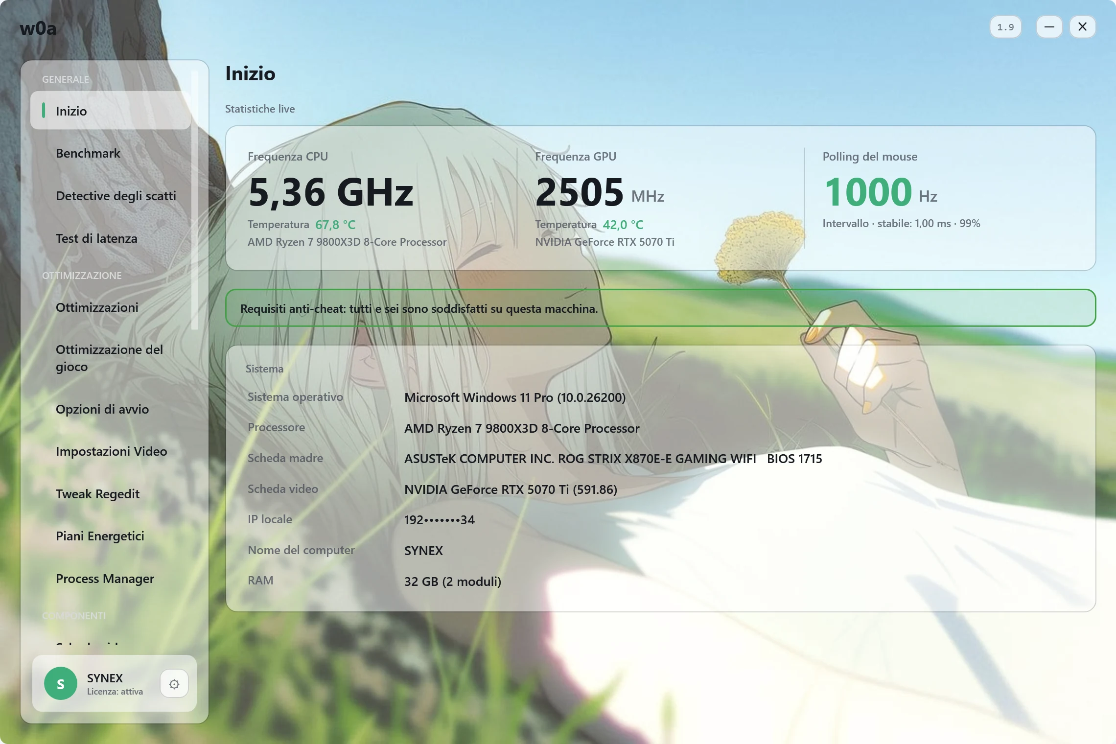 La schermata iniziale di w0a: frequenze di processore e scheda video in tempo reale, polling rate del mouse e il riepilogo del sistema.