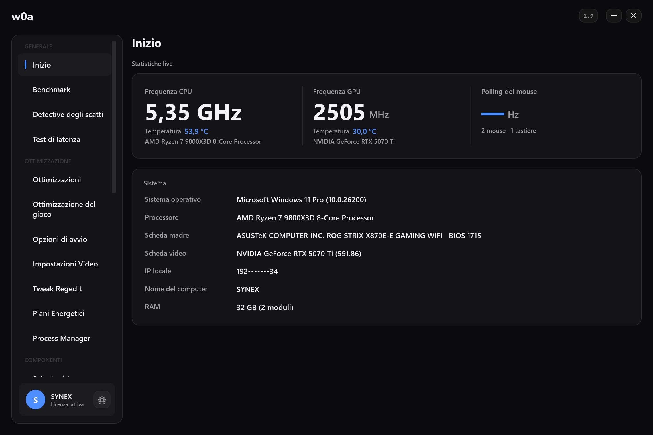 La pagina Inizio: clock e temperature dal vivo di CPU e GPU, la frequenza di polling del mouse misurata dal movimento reale, e che cosa c'è nella macchina.