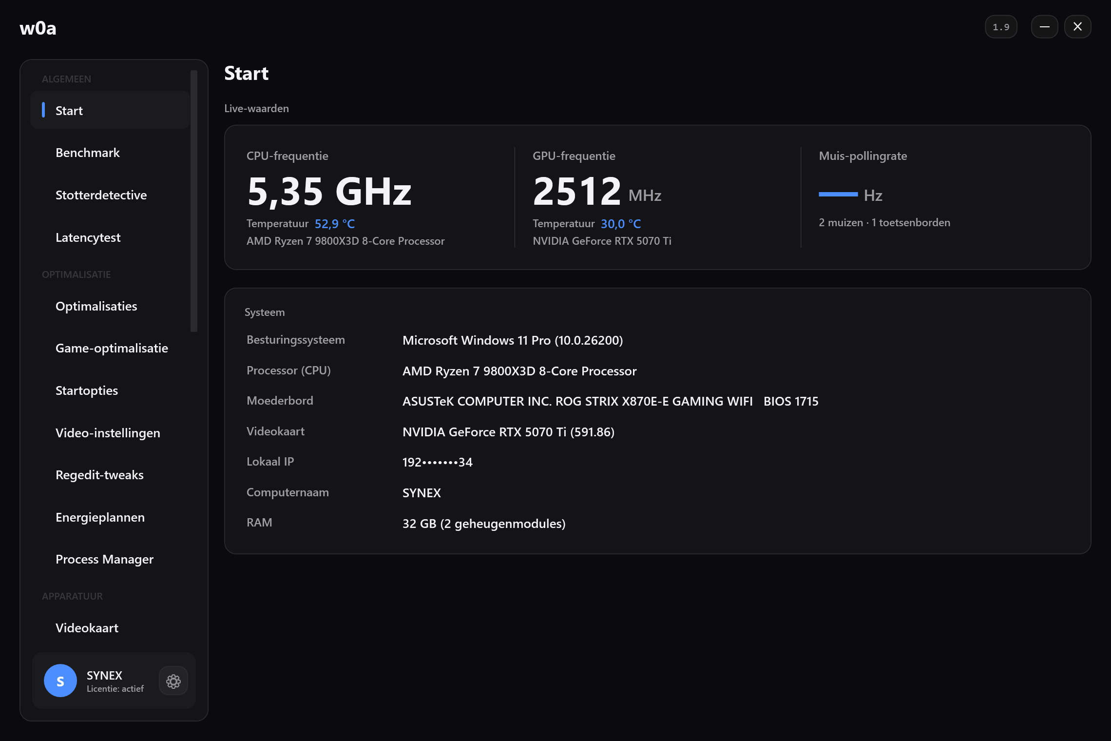 De pagina Start: live kloksnelheden en temperaturen voor CPU en GPU, de pollingsnelheid van de muis zoals gemeten uit echte beweging, en wat er in de machine zit.