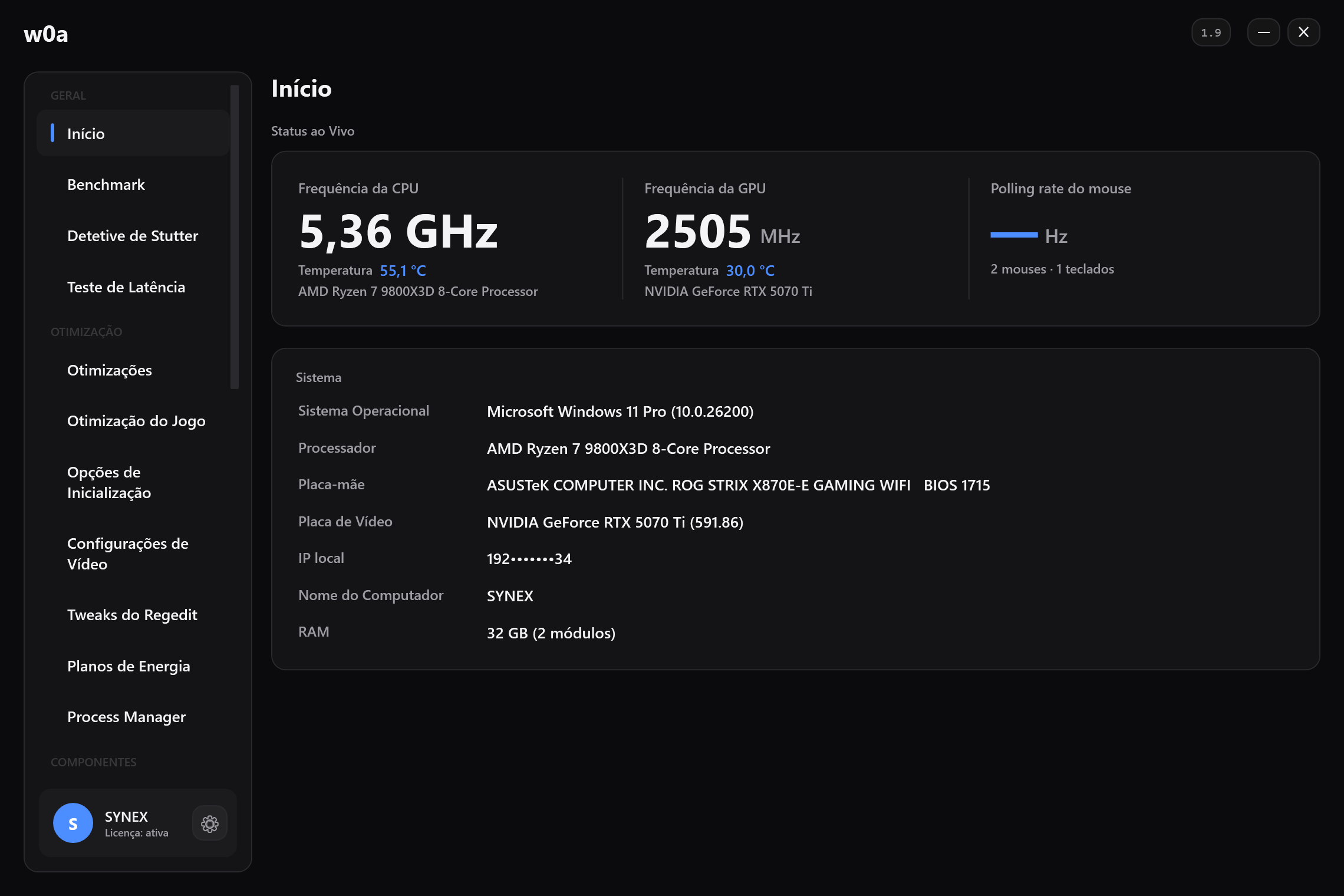 A página Início: clocks e temperaturas ao vivo de CPU e GPU, a taxa de polling do mouse medida a partir de movimento real, e o que a máquina é.