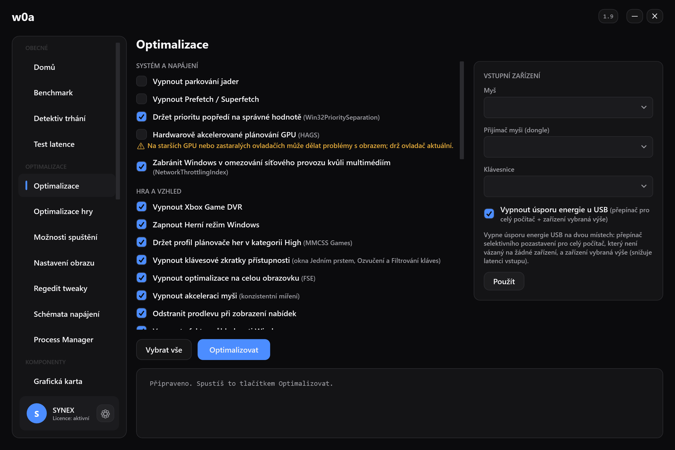 Stránka Optimalizace: škrcení napájení CPU, parkování jader, Game DVR, optimalizace celé obrazovky, akcelerace myši a další — každá s vlastním zaškrtávacím políčkem.