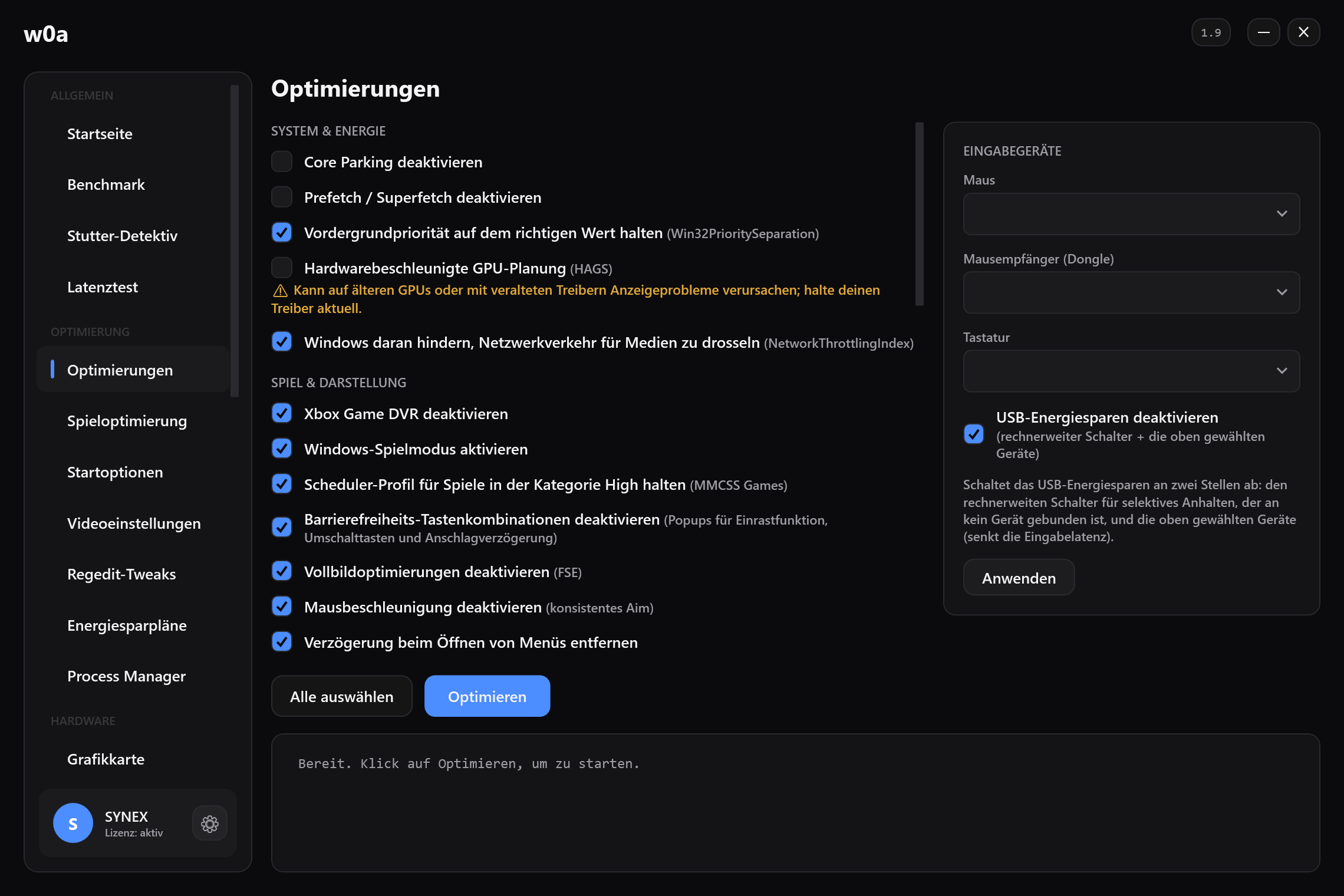 Die Seite Optimierungen: Core Parking, Game DVR, Vollbildoptimierungen, Mausbeschleunigung und der Rest, jeweils mit eigenem Kästchen.