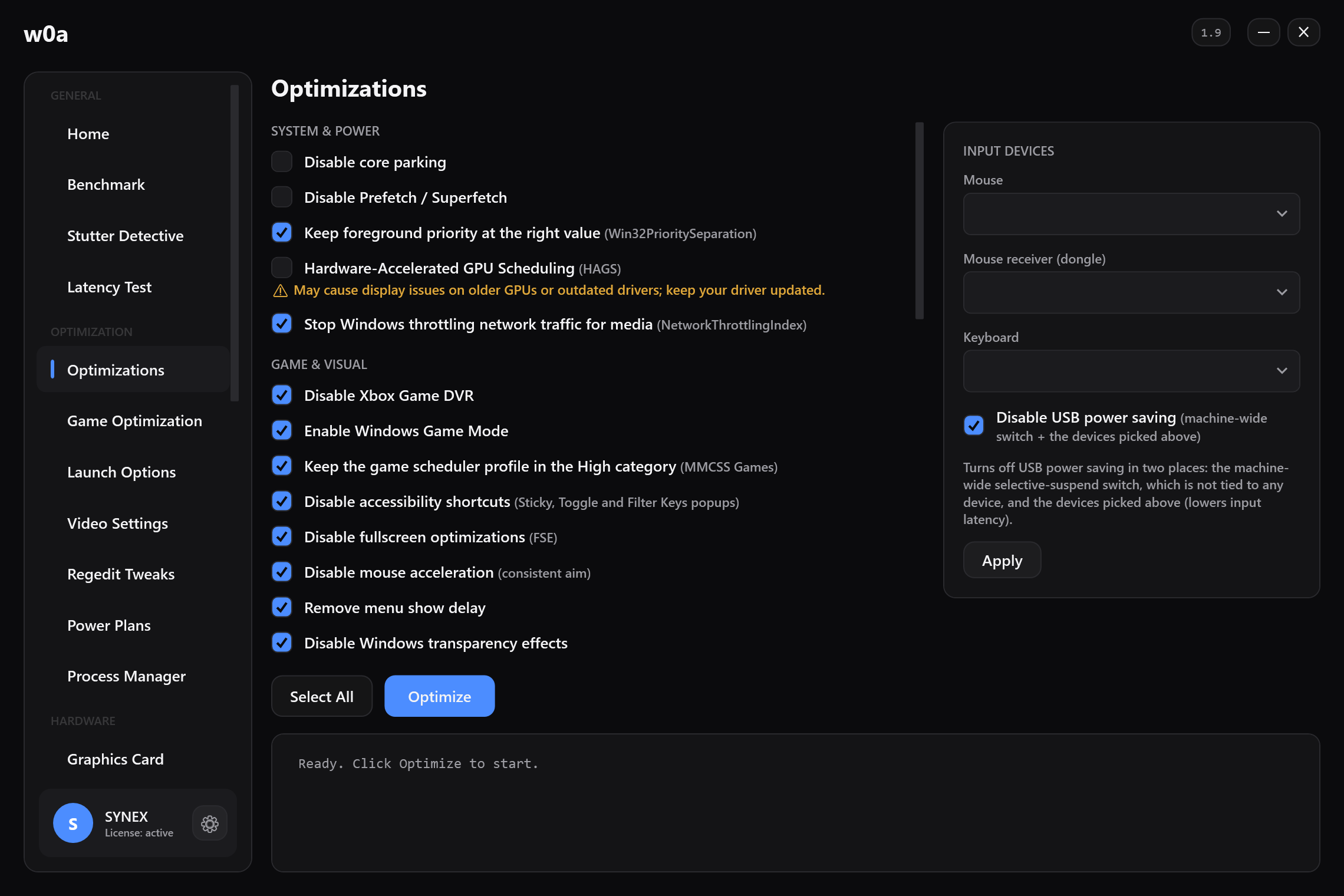 The Optimizations page: core parking, Game DVR, fullscreen optimizations, mouse acceleration and the rest, each with its own tick box.