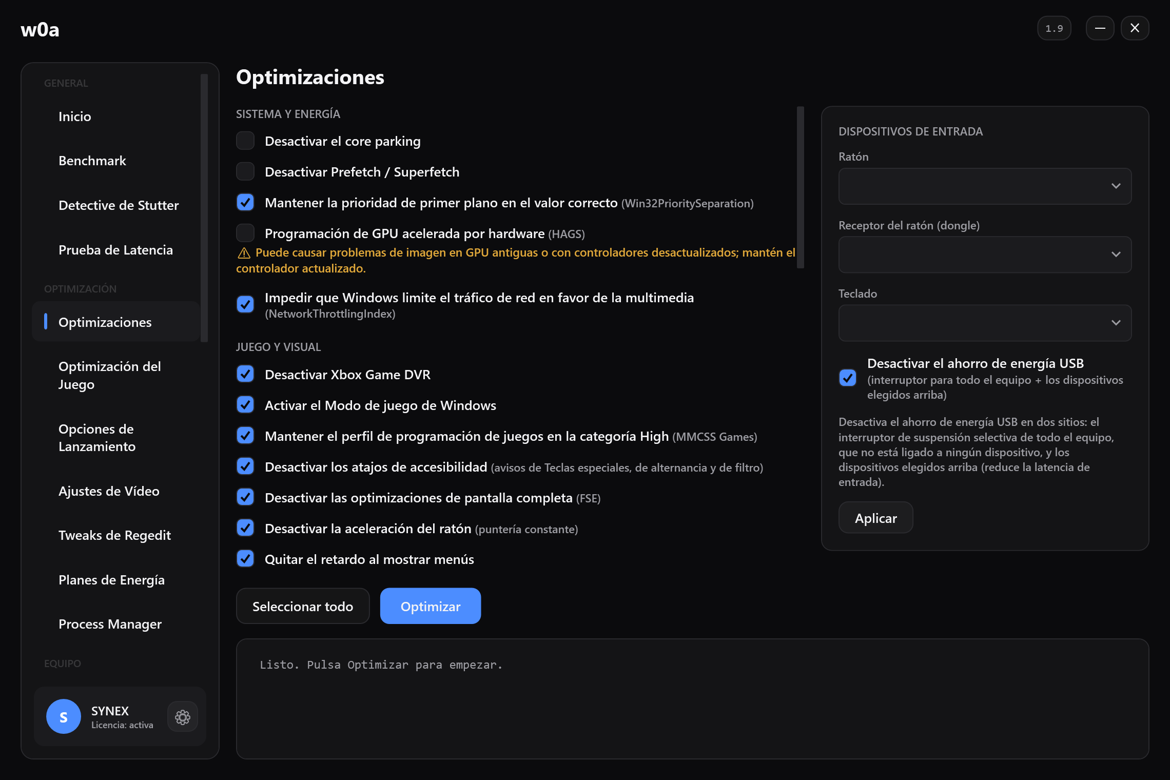 La página Optimizaciones: aparcado de núcleos, Game DVR, optimizaciones de pantalla completa, aceleración del ratón y el resto, cada uno con su casilla.