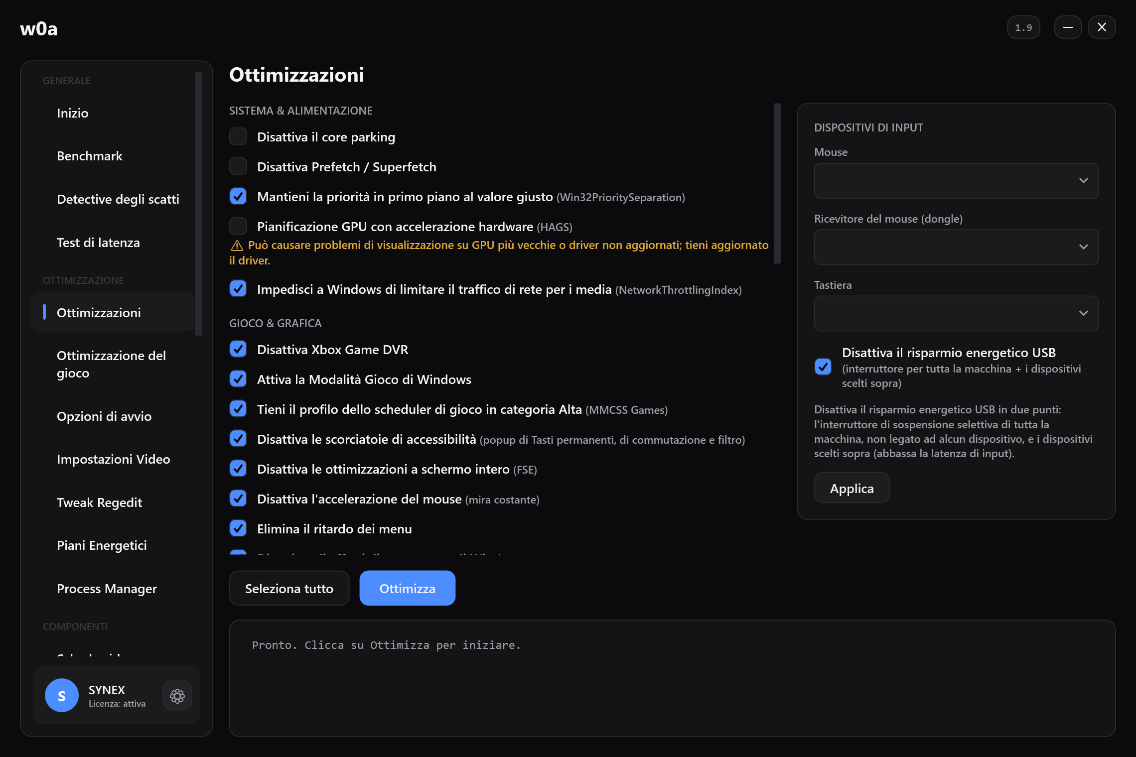 La pagina Ottimizzazioni: core parking, Game DVR, ottimizzazioni a schermo intero, accelerazione del mouse e tutto il resto, ognuno con la sua casella.