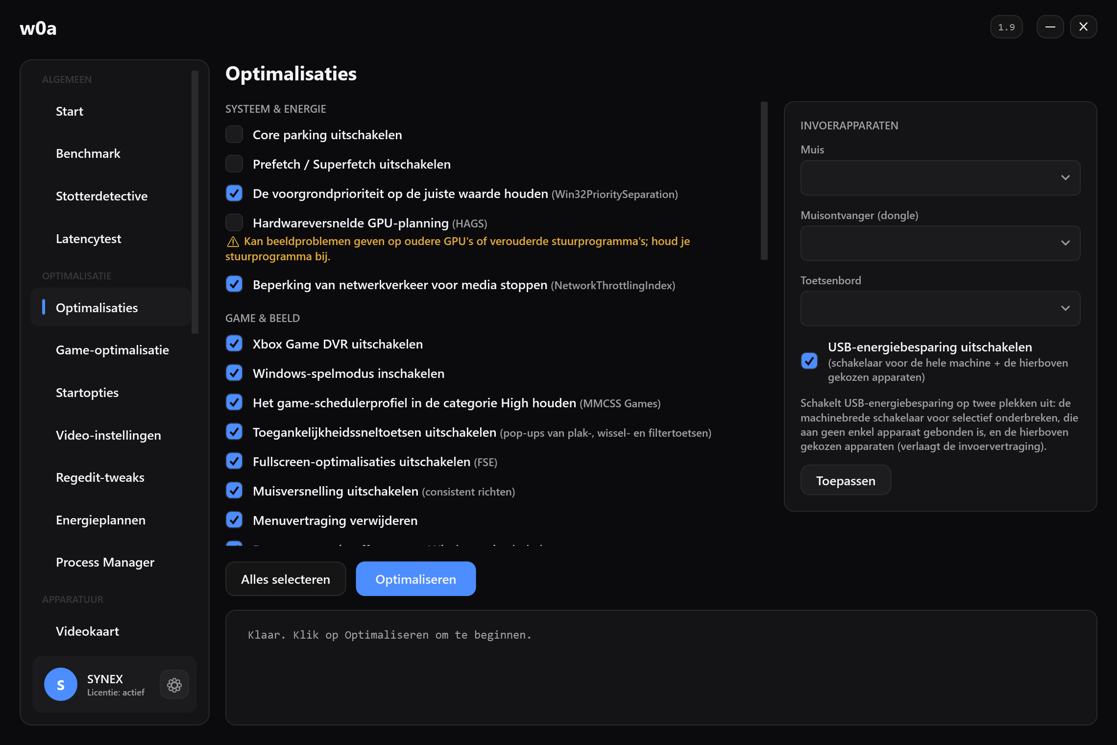 De pagina Optimalisaties: core parking, Game DVR, volledig-schermoptimalisaties, muisversnelling en de rest, elk met een eigen vinkvakje.