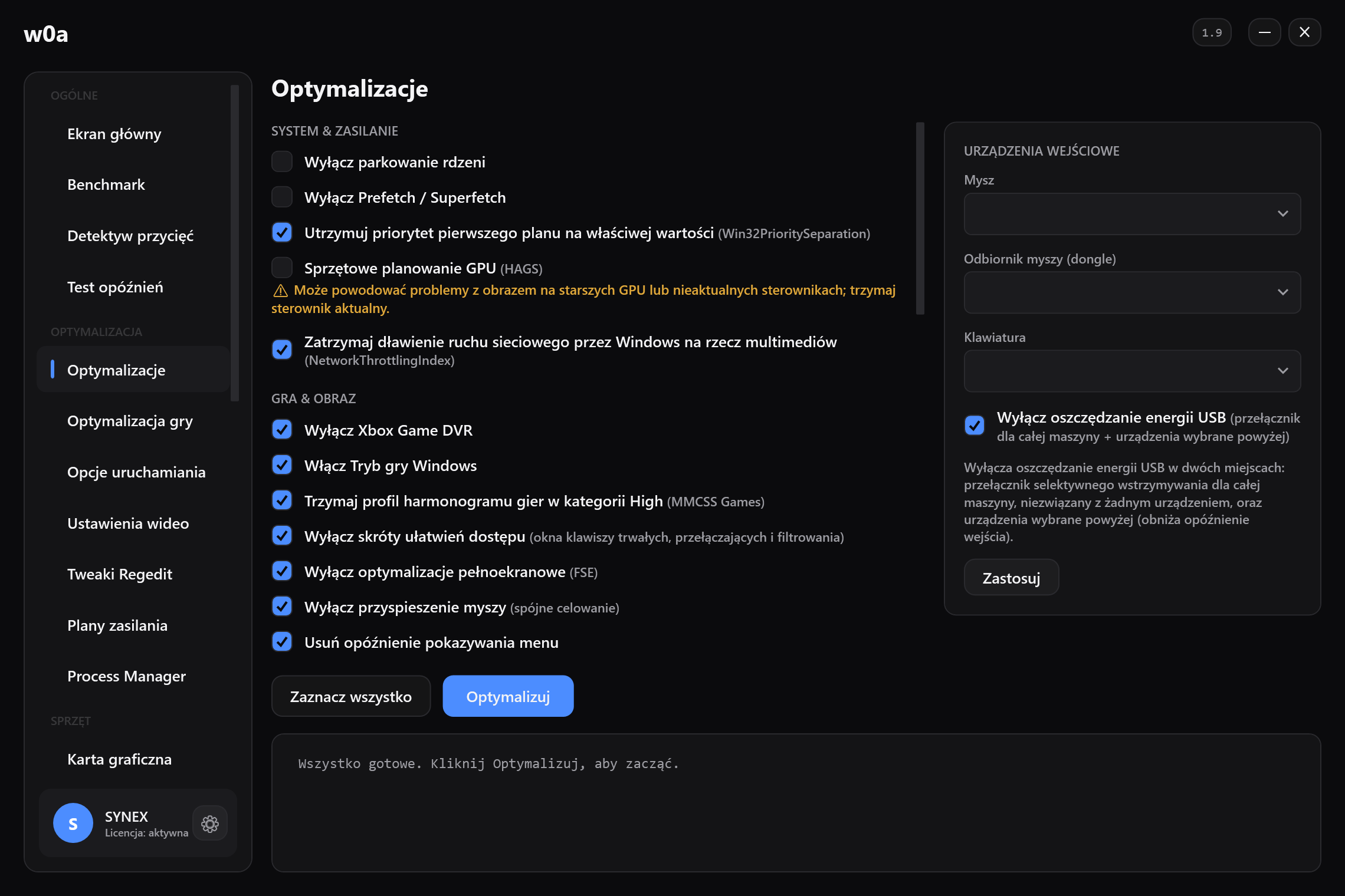 Strona „Optymalizacje”: parkowanie rdzeni, Game DVR, optymalizacje pełnoekranowe, przyspieszenie myszy i reszta, każde z własnym haczykiem.