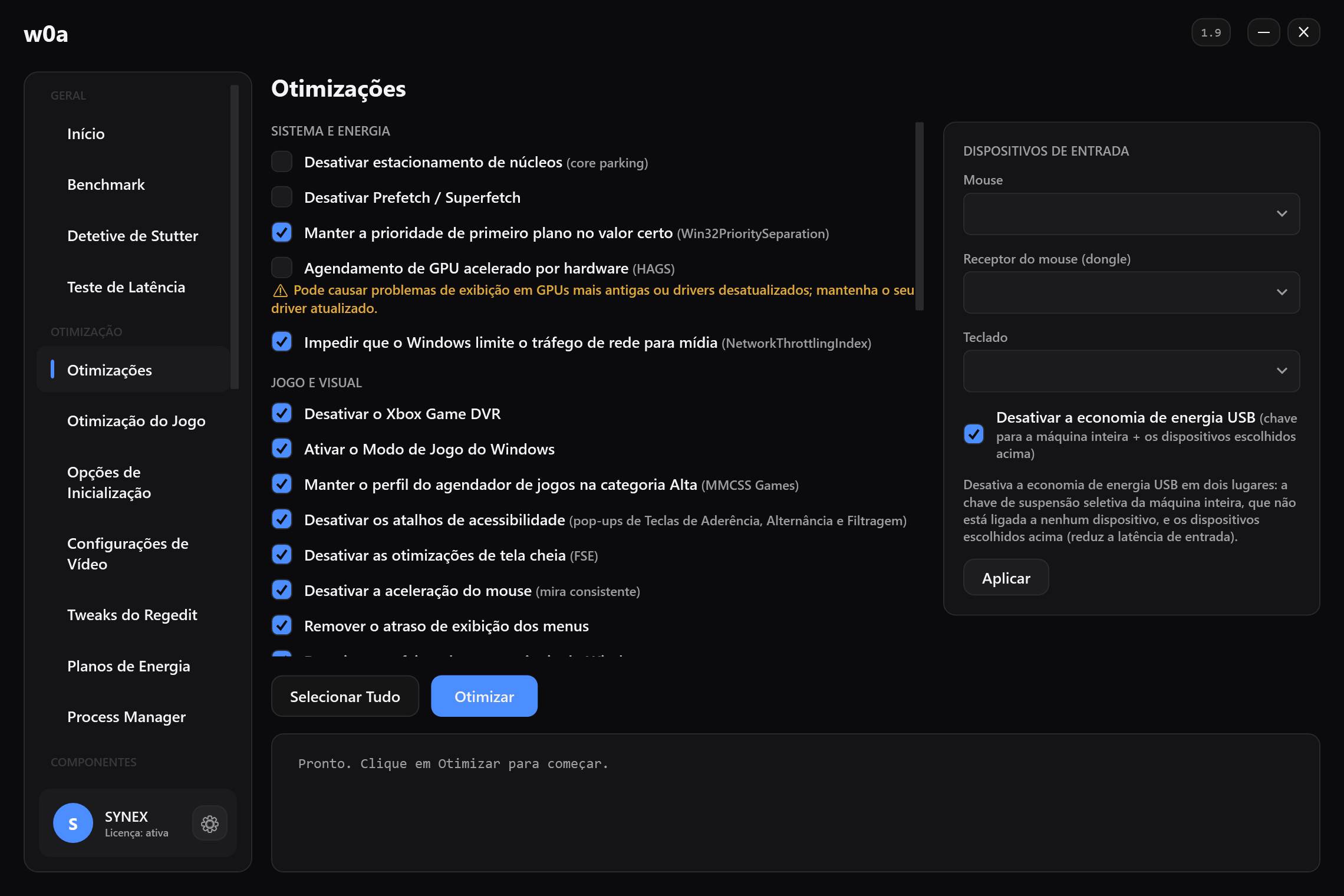 A página Otimizações: estacionamento de núcleos, Game DVR, otimizações de tela cheia, aceleração do mouse e o resto, cada um com a própria caixa de seleção.