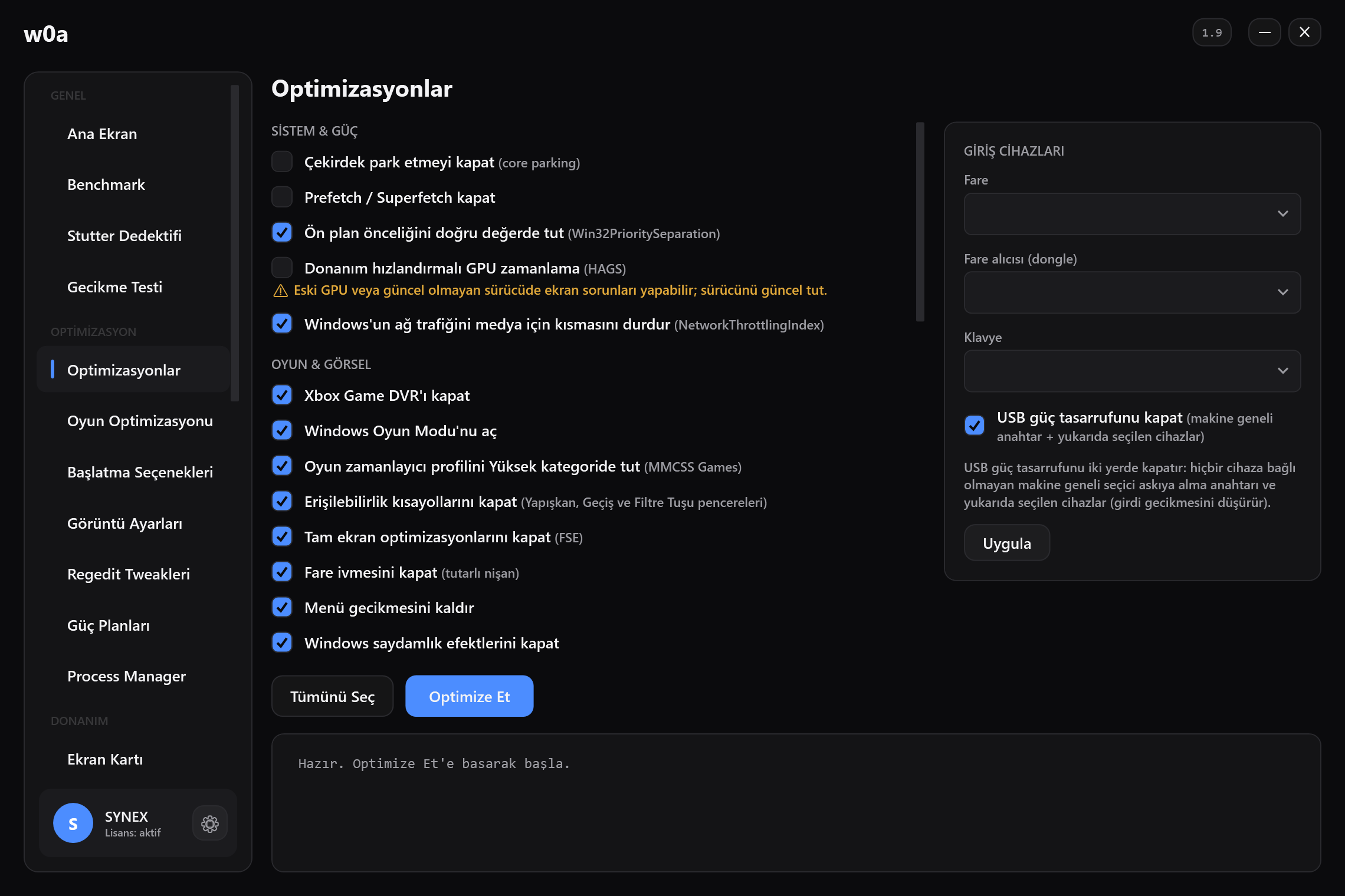 Optimizasyonlar sayfası: çekirdek park etme, Game DVR, tam ekran optimizasyonları, fare hızlandırma ve diğerleri; her biri kendi kutusuyla.