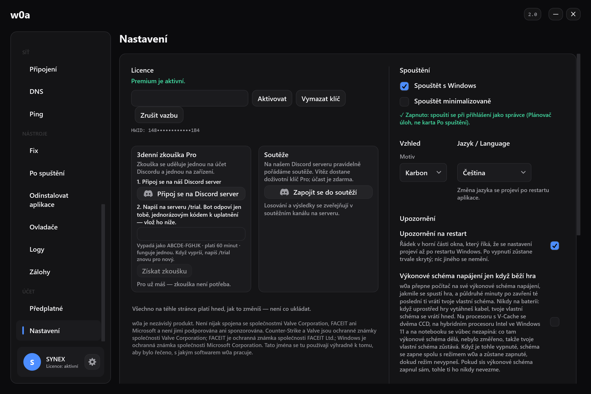 Karta 3denní zkouška Pro v Nastavení, vedle karty s giveaway.