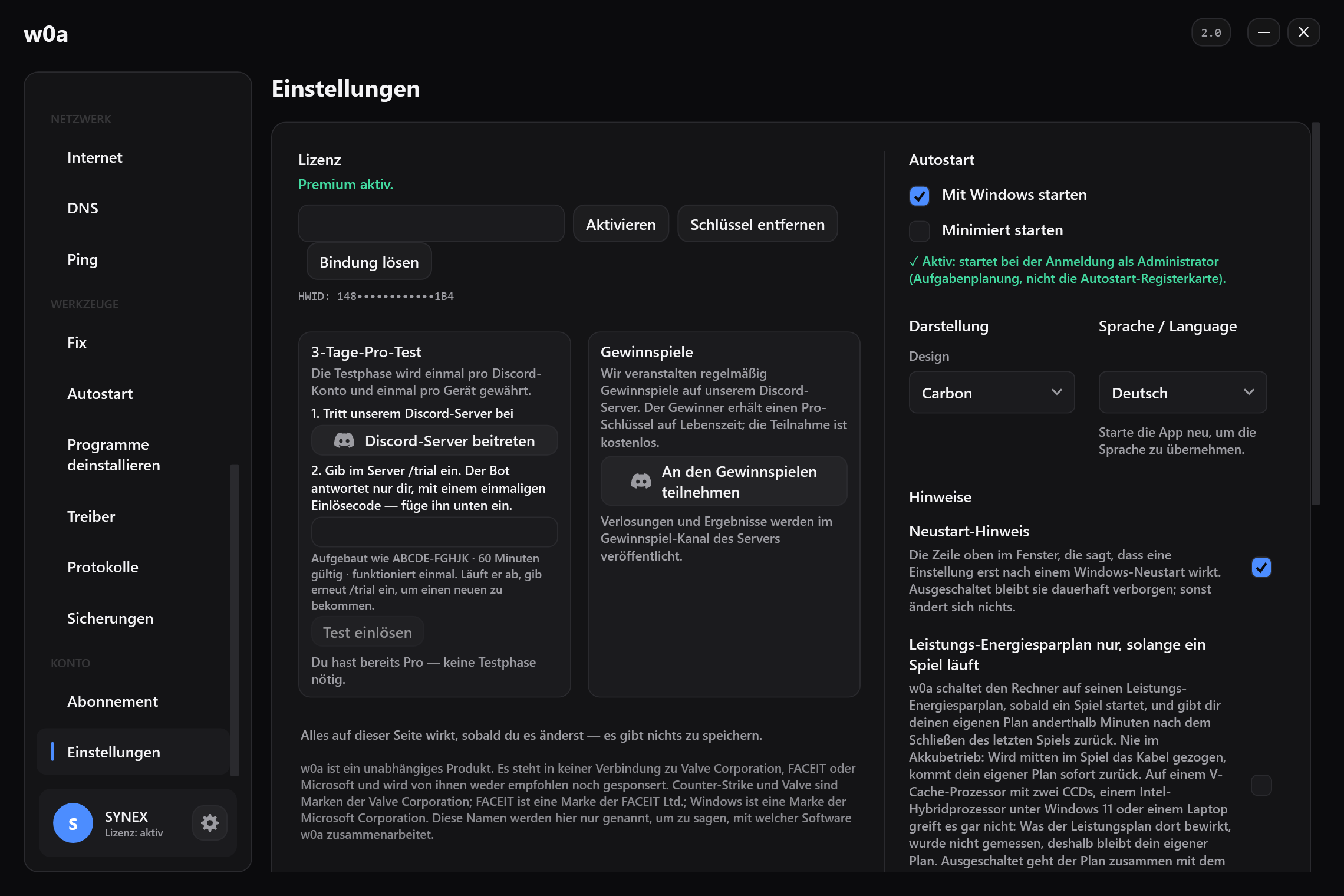 Die Karte 3-Tage-Pro-Test in den Einstellungen, daneben die Verlosungskarte.