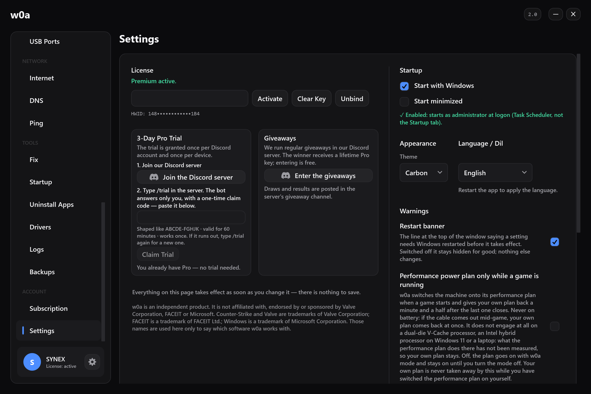 The 3-Day Pro Trial card in Settings, next to the giveaway card.