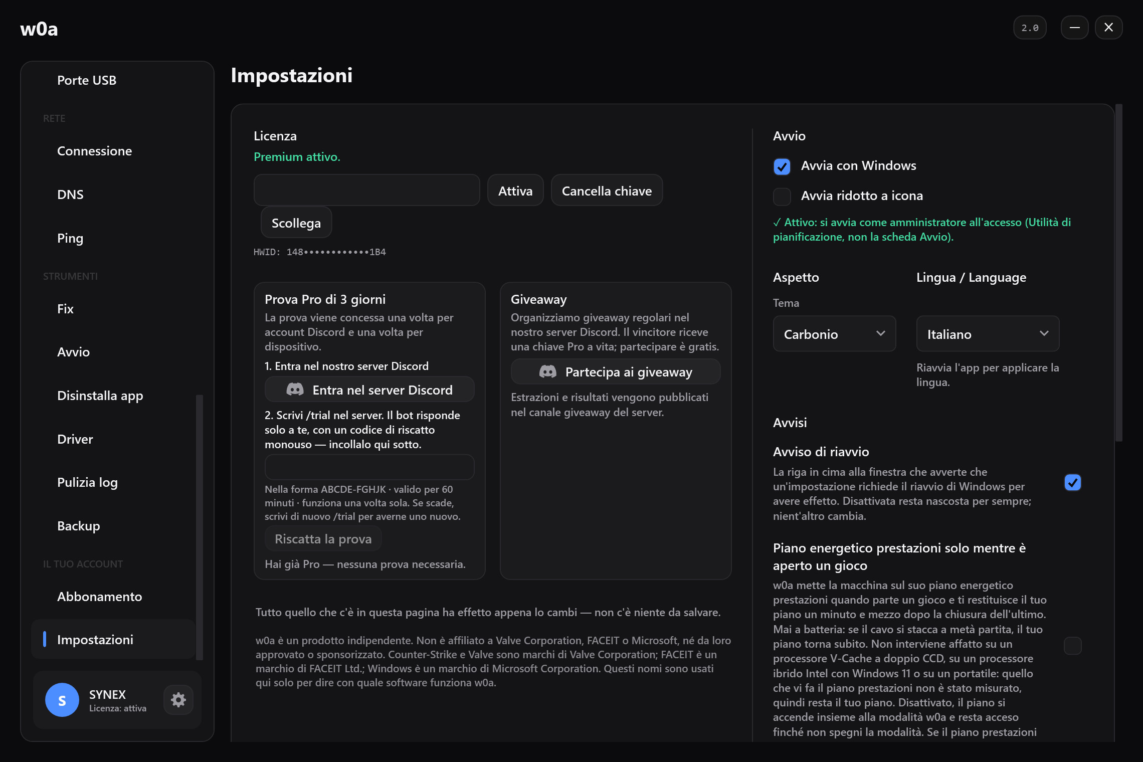 La scheda Prova Pro di 3 giorni nelle Impostazioni, accanto alla scheda del giveaway.