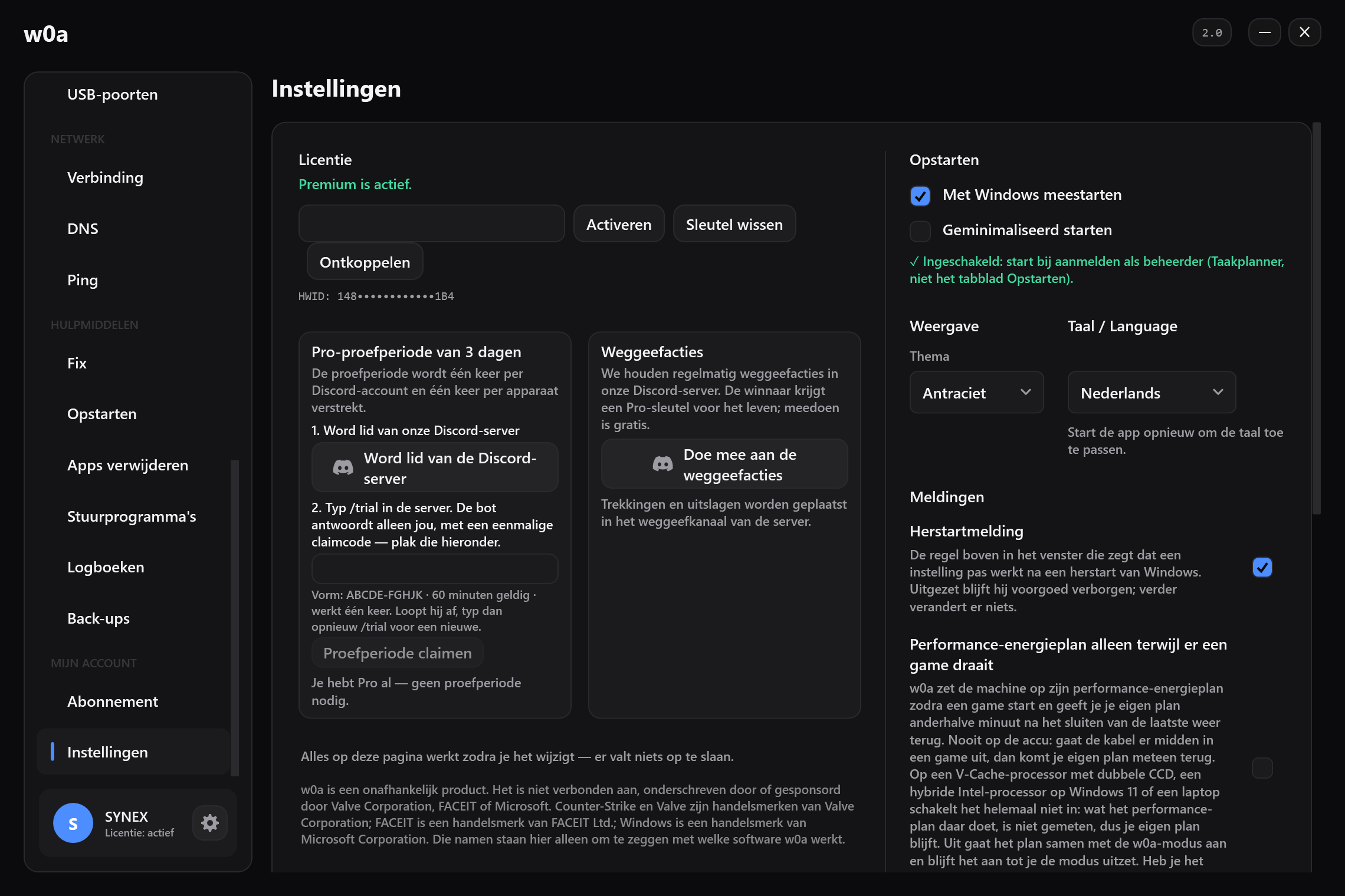 De kaart Pro-proefperiode van 3 dagen in Instellingen, naast de kaart voor de giveaway.