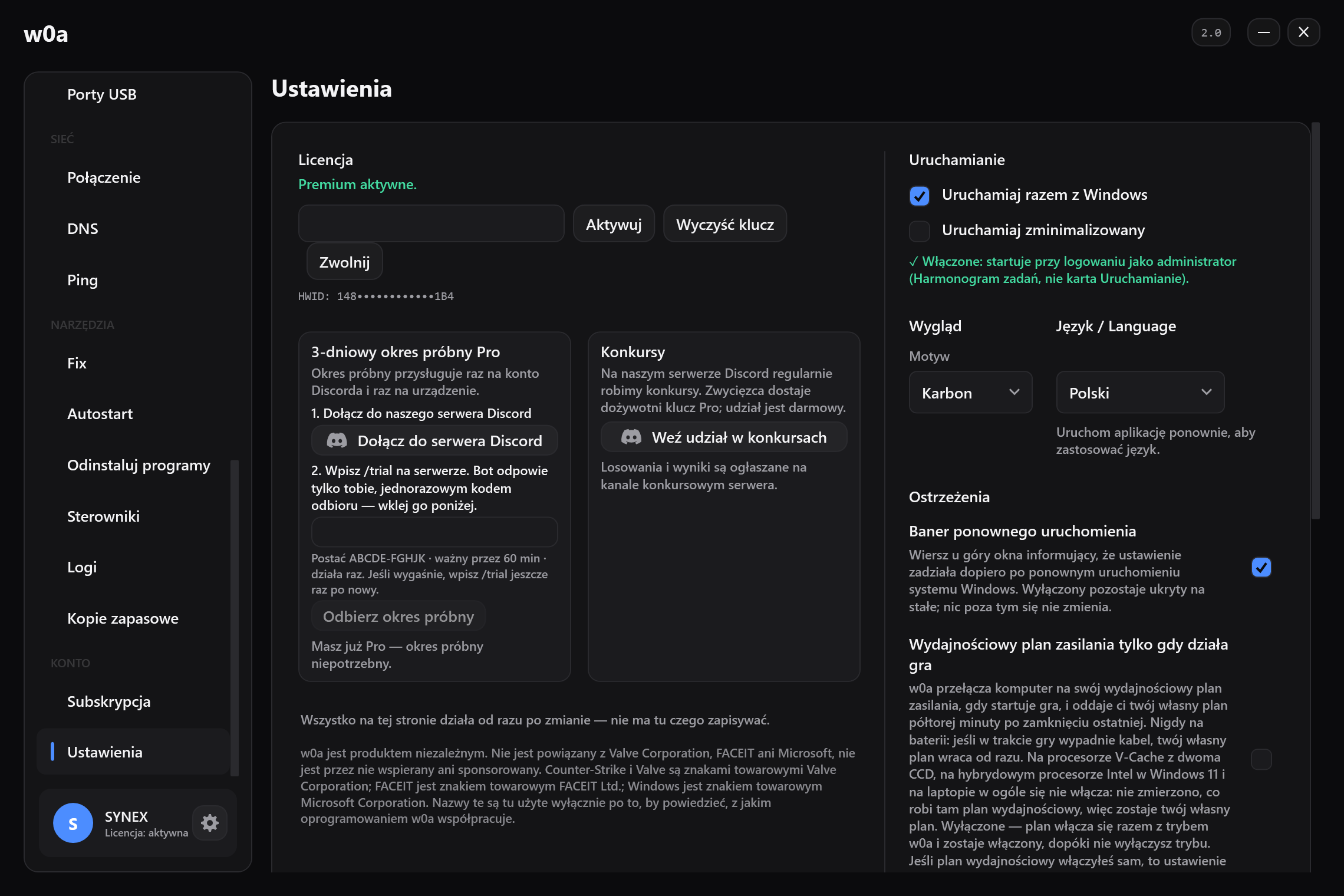 Karta 3-dniowy okres próbny Pro w Ustawieniach, obok karty konkursu.