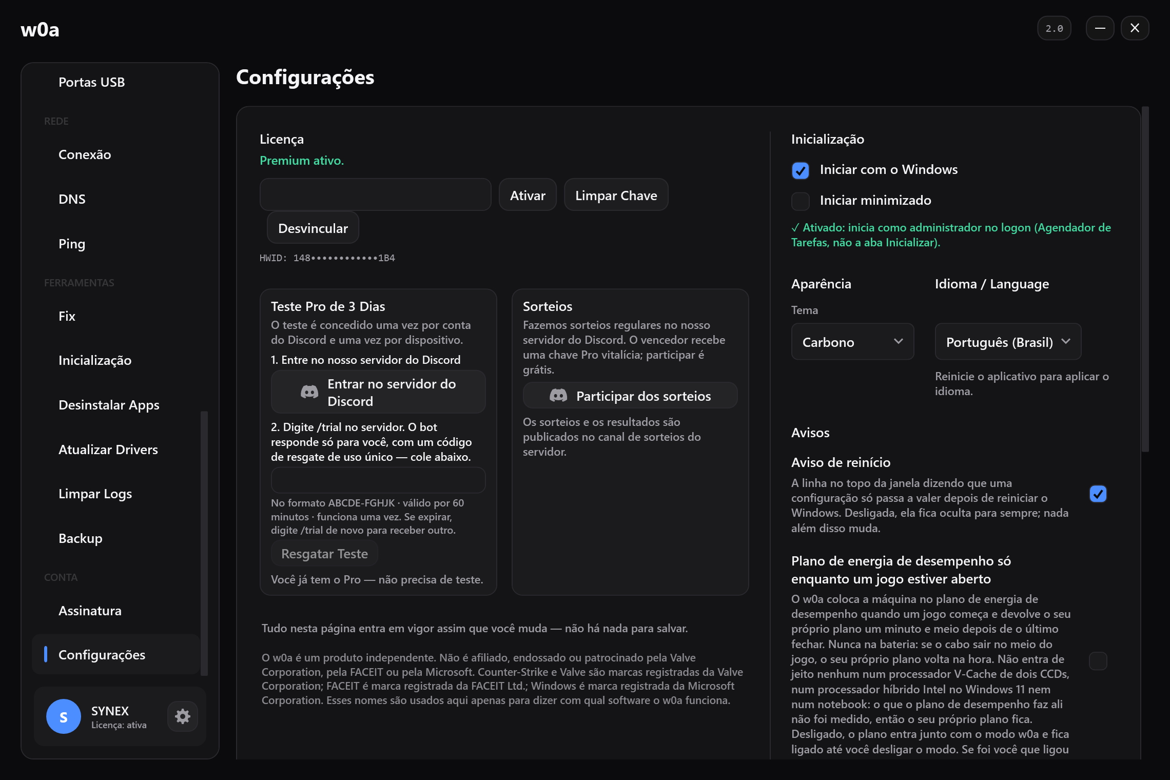 O cartão Teste Pro de 3 Dias em Configurações, ao lado do cartão de sorteio.